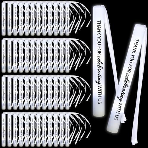 JellyArch 50 Pack White LED Party Foam Light Sticks Batons with Triple Ribbon Wedding Thank You Celebrating Wands 3 Color Lighting Modes for Guests Send Off, Christmas, Festivals, Birthday Party