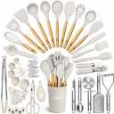 Kaluns 50 PCS Silicone Kitchen Utensils Set Complete Kitchen Set - 800F Heat Resistant Non-Stick Premium Cooking Utensils W Wooden Handles - Can Opener, Masher, Turner, Silicone Spatula Set (Khaki)