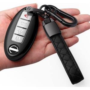 Autophone Compatible Nissan Altima Maxima Rogue Armada Pathfinder Key Fob Cover with Leather Keychain, Black, 4-Button, TPU Material, 360 Protection