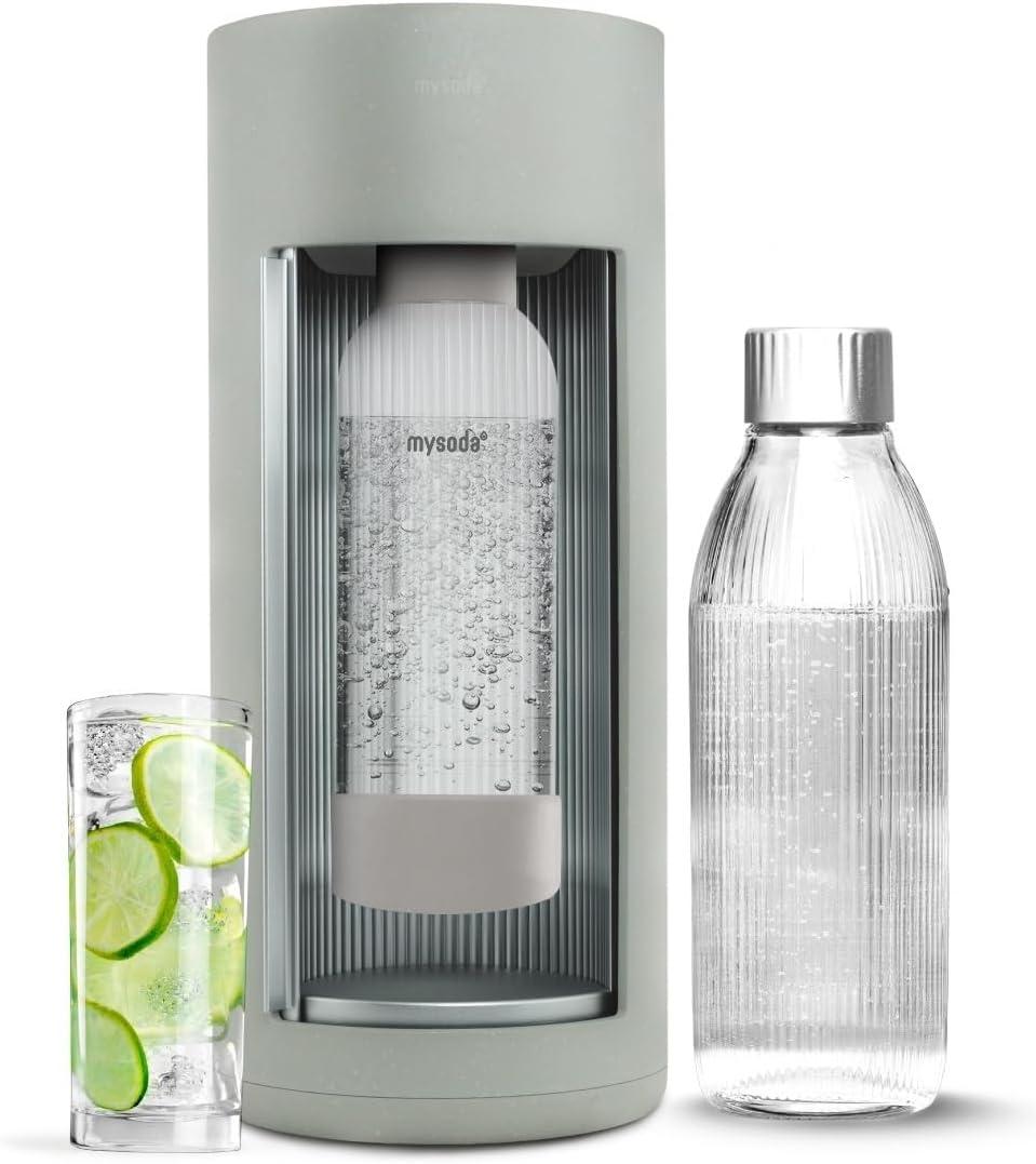 New Mysoda Glassy Design Sparkling Water Maker With 1L Glass & Plastic bottle - Silent Nordic Design Soda Maker Featuring A Sliding Door Opening - No Cylinder Included - Colour Green