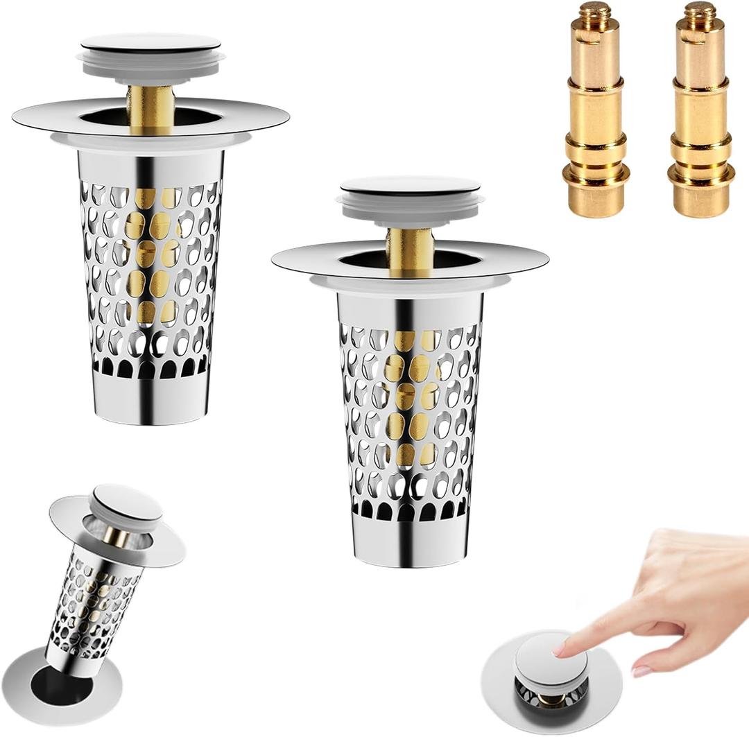 Bathroom Sink Drain Strainer Stopper - Universal Stainless Steel Strainer with Pop-Up Design Basket Hair Catcher for Sink Stopper Replacement (2PCS)
