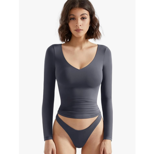 SUUKSESS Women Double Lined Casual V Neck Crop Tank Tops Basic Long Sleeve Shirts L