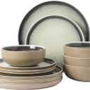 Gibson Elite Island Bay 12-Piece New Bone China Dinnerware Set Service for 4, Reactive Glaze Plates and Bowls, Dishwasher and Microwave Safe, Black and Cream