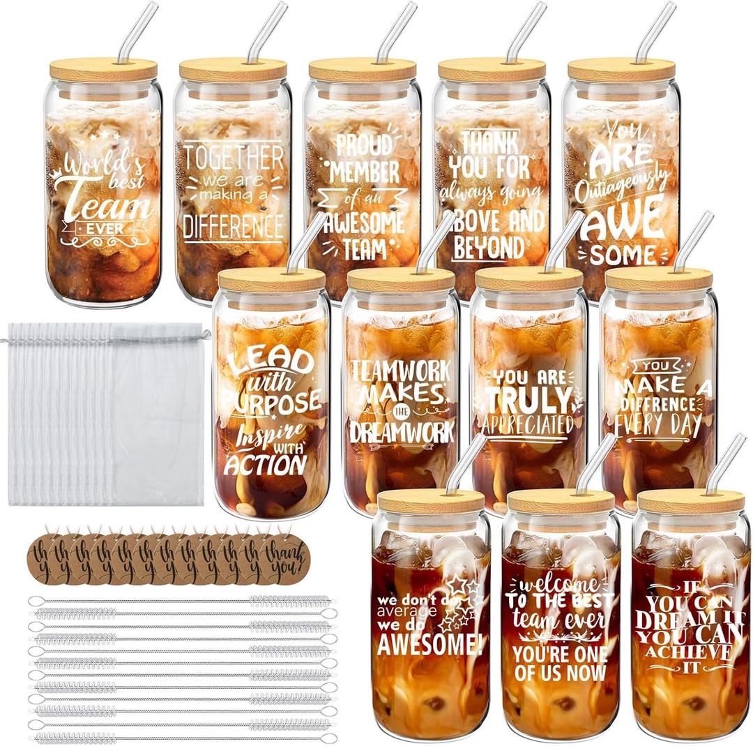 12 Set Employee Appreciation Gifts Bulk, Inspirational Thank You Gifts for Staff Coworker 16oz Can Shaped Glass Cups with Lids Straws Brushes and Gift Card for Team Teacher Nurse