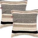REDEARTH  Handmade Boho Throw Pillow Covers - Bohemian Chic Farmhouse Style - Accent Woven Indoor and Outdoor Pillow Cushion Cases for Couch, Bed, Chair, Sofa, Bench  Set of 2-18"x18" - Natural (Chevron Maze Black)