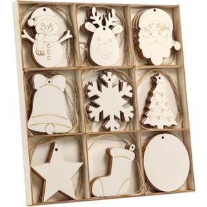 Wohohoho 45Pcs Unfinished Paintable Blank Wooden Christmas Ornaments with Tray, 9 Designs DIY Predrilled Wood Ornaments for Crafts. Christmas Tree Hanging Decorations Xmas Art Birthday Gift for Kids