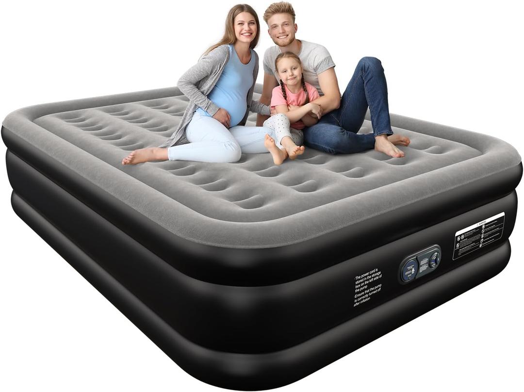 Ezyrest Queen Air Mattress Queen with Built in Pump 16" Double Height Inflatable Mattress with Soft Flocked Top & Carry Bag Adjustable Blow Up Mattress Portable Air Bed for Guest Indoor
