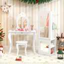 HONEY JOY 4 Piece Kids Vanity Set & Jewelry Armoire Cabinet, Snowflake Wooden Makeup Table & Chair Set, Dress Up Jewelry Organizer w/Full-Length Mirror, Kids Bedroom Furniture for Playroom (Pink)