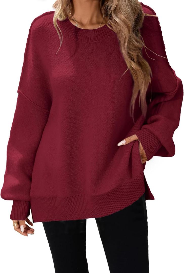 SunnyMelody Womens Oversized Batwing Sweater Fall 2025 Crew Neck Pullover Knit Tops - Outside Seam, High-Low Hem, Side Slit (X-Large, Ancora Red)