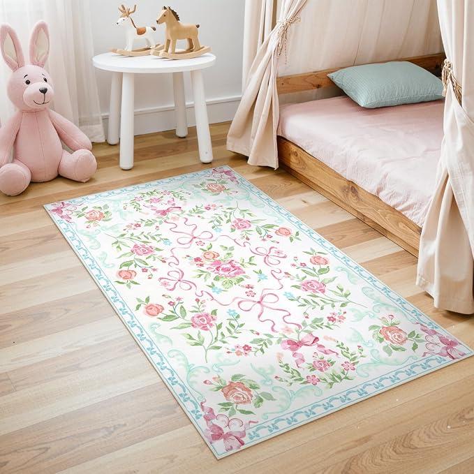 Collive 3x5 Pink Blue Floral and Bow Washable Area Rug for Girls Bedroom | Soft Ultra-Thin Teen Dorm Room Rug, Non Slip Cute Carpet, Small Kawaii Mat for Entryway, Playroom, Living Room, Hallway