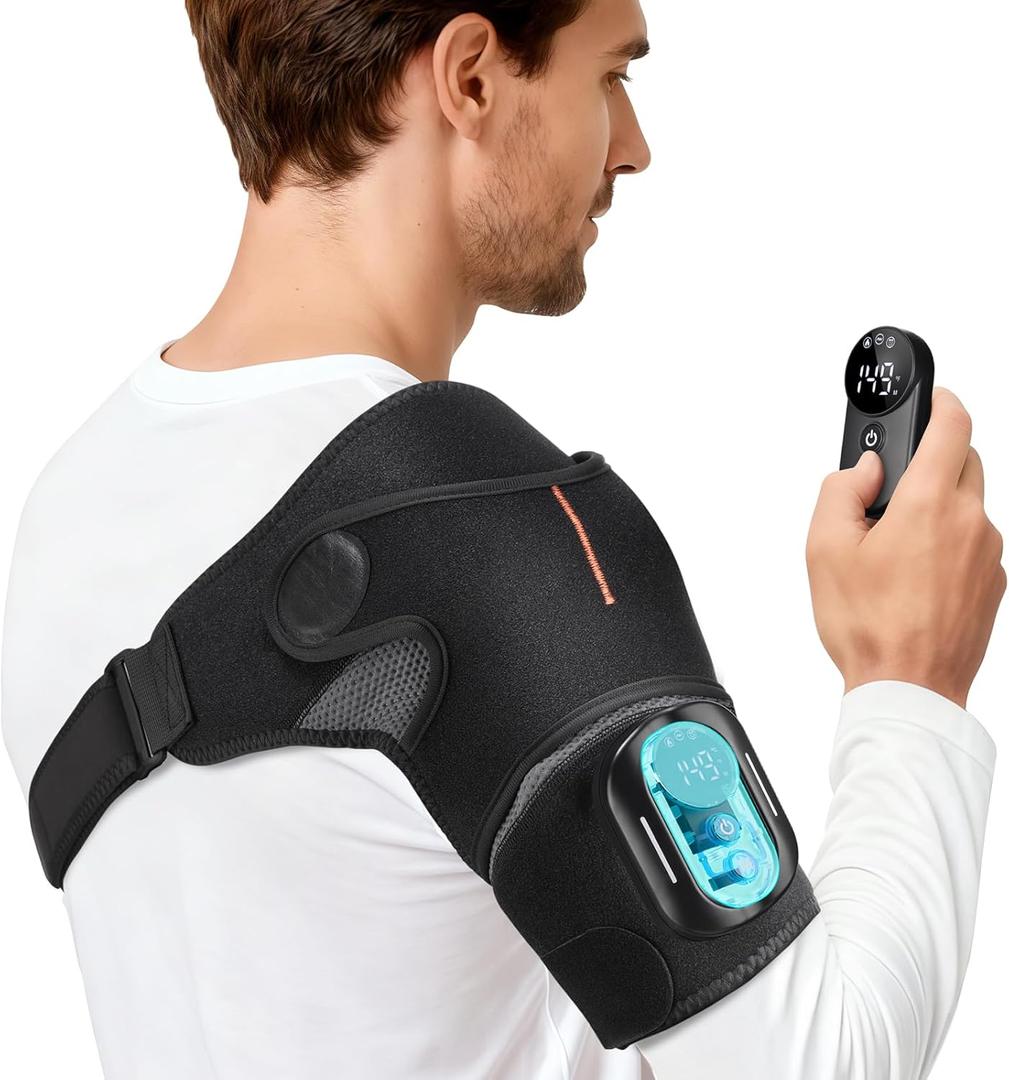 Cordless Shoulder Heating Pad with Massage, Portable Heated Shoulder Wrap for Pain Relief, Shoulder Massager for Rotator Cuff & Frozen Shoulder, Detachable Magnetic Controller, 5 Heats & 5 Vibrations