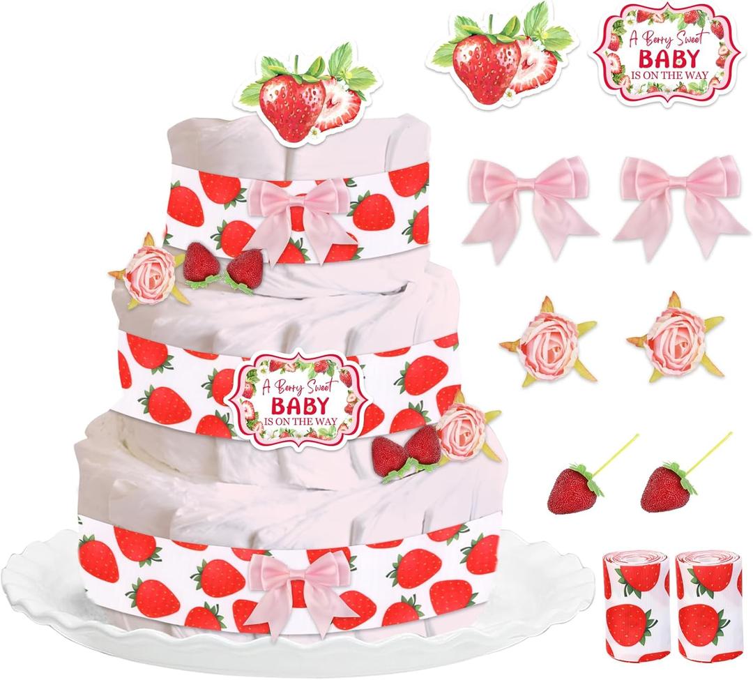 Strawberry Baby Shower Diaper Cake Decorations, Berry Sweet Baby Shower Cards Grosgrain Ribbons Artificial Roses Flowers Strawberry Decor Pink Bows for Fruit Theme Gender Reveal Favors (Red and Pink)