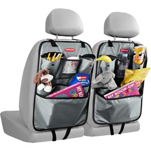 Rubbermaid Backseat Car Organizer, Kick Mats and Seat Back Protector, Car Organizer for Kids with 6 Storage Pockets, Travel Essentials for SUV, Truck, Car - 2 packs Gray