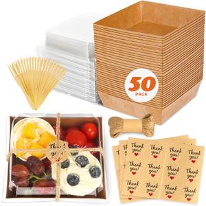 50Pcs Small Kraft Charcuterie Boxes with Clear Lids - Paper Mini Appetizer Plates for Sandwich, Cookie, Sushi, Cake Slice, and Strawberries