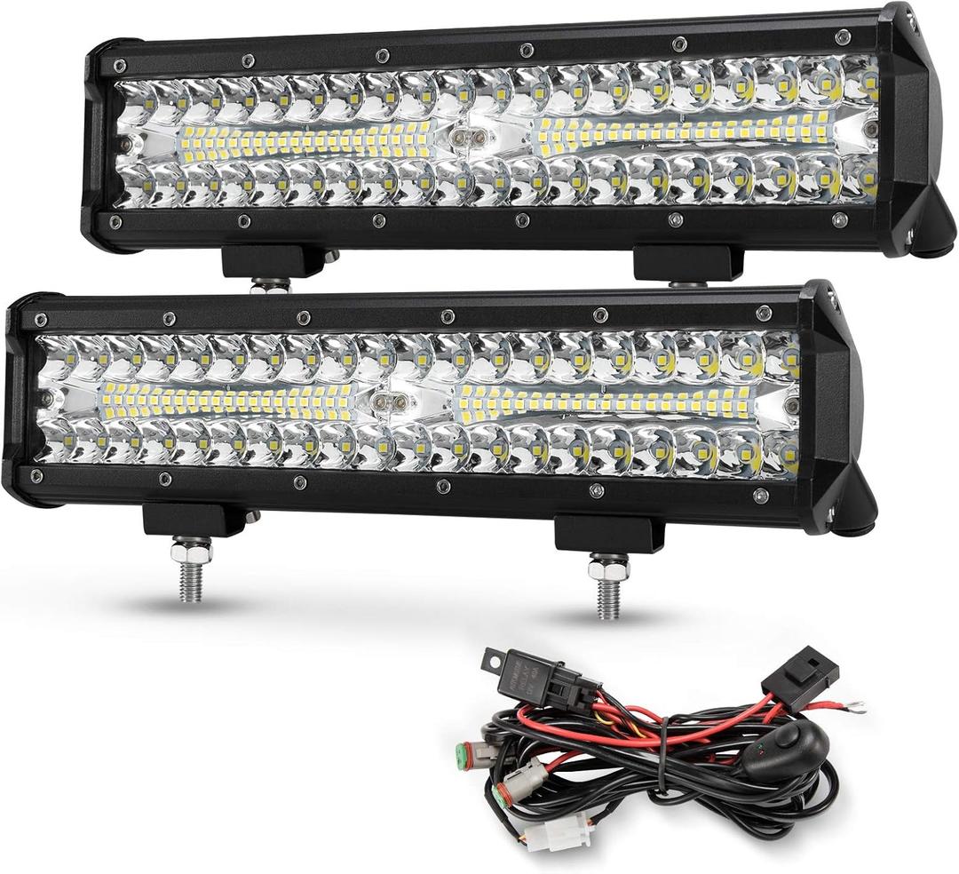 BUNKER INDUST 12 Inch LED Light Pods with Wiring Harness Kit, 2Pcs Spot Flood Beam 68000LM Triple Row Light Bar Waterproof Work Lights for ATV UTV Truck Tractor Boat Golf Cart Offroad Fog Driving