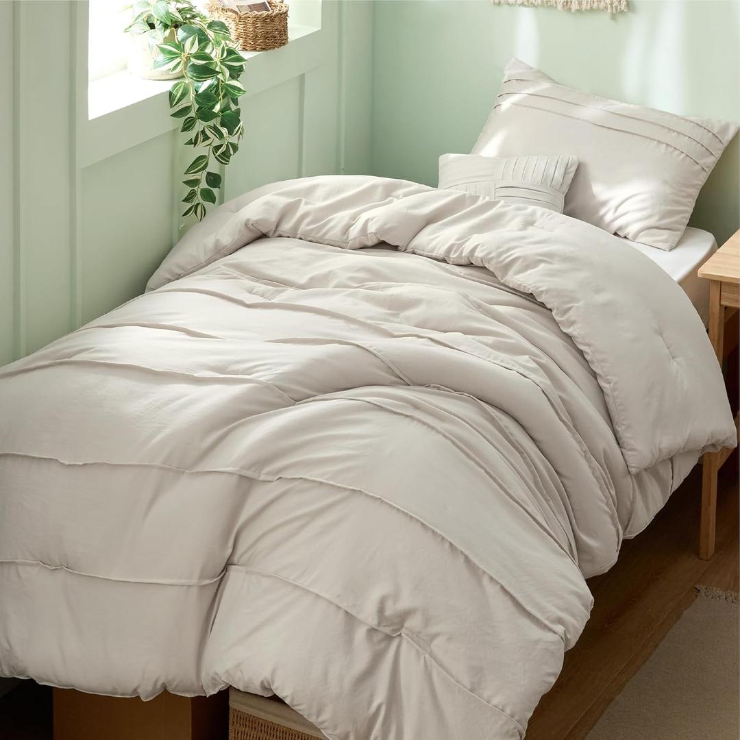 Bedsure Beige Twin XL Comforter Set - 3 Pieces Pinch Pleat Bed Set, Down Alternative Bedding Sets for All Season, 1 Comforter, 1 Pillowcase, 1 Decorative Pillow