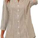 Micoson Womens 3/4 Sleeve Tops Cotton Linen Button Down Shirts V Neck Pleated Casual Loose Blouses Roll Up Sleeve Shirt (Beige, S)