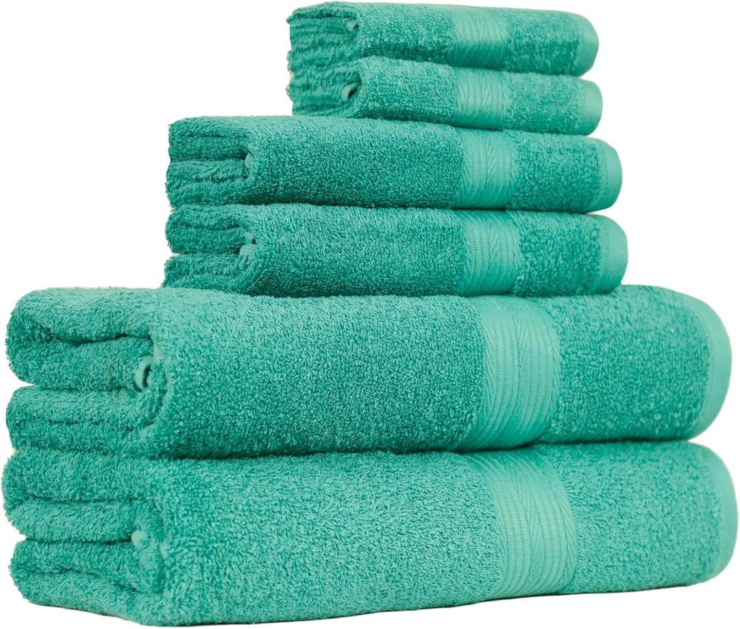 Amazon Basics 6-Piece Oversized Fade-Resistant Towel Set, 100% Cotton, Highly Absorbent, Soft, Teal, 2 Bath Towels, 2 Hand Towels, 2 Washcloths