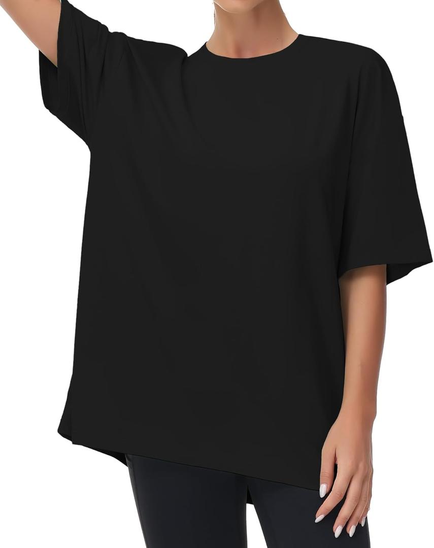 THE GYM PEOPLE Women's Casual Oversized T-Shirts Summer Crewneck Short Sleeve Workout Basic Tee Tops, Large, Black