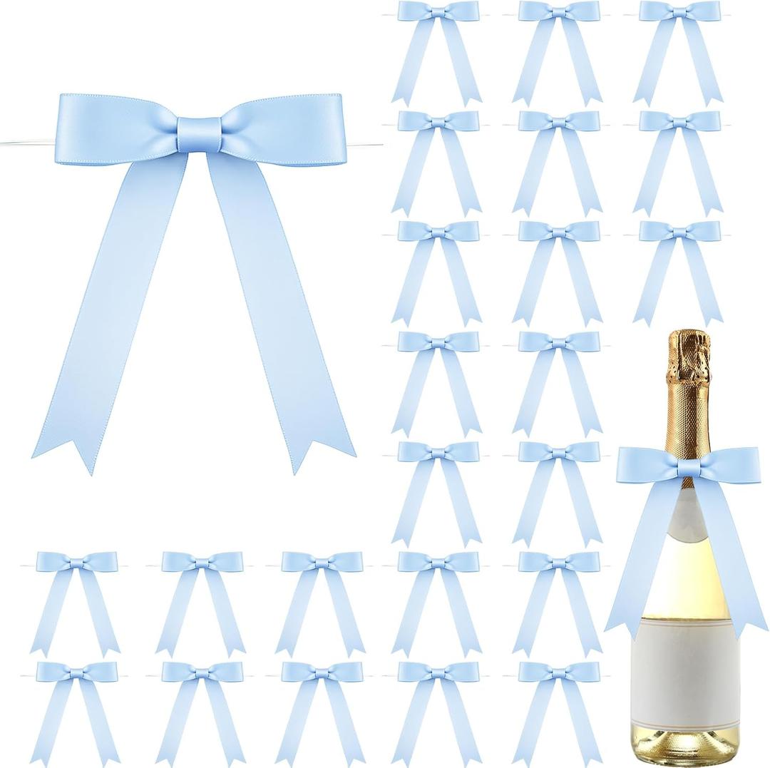Riceshoot 24 Pcs Satin Ribbon Twist Tie Bows 5x7'' Large Decorating Ribbon Gift Bows Christmas for Gift Wrapping Champagne Bottle Cake Treat Bag Wedding Birthday Party Decoration(Baby Blue)