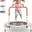 BCAN 36'' Toddler Trampoline, ASTM Certified-Foldable Mini Trampolines for Kids Ages 1-6, Adjustable Handle, Safety Pad & Foldable Legs, Baby Trampoline Indoor/Garden, Gift for Boy and Girl (Beige-Classic)