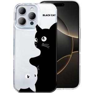 Compatible for iPhone 16 Pro Max 6.9 Case Cute Black Cat Shockproof Funny Clear Phone Cover for Women and Men