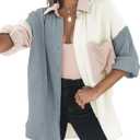 Dokotoo Womens Color Block Button Down Shirts Long Sleeve Oversized Boyfriend Blouses Tops