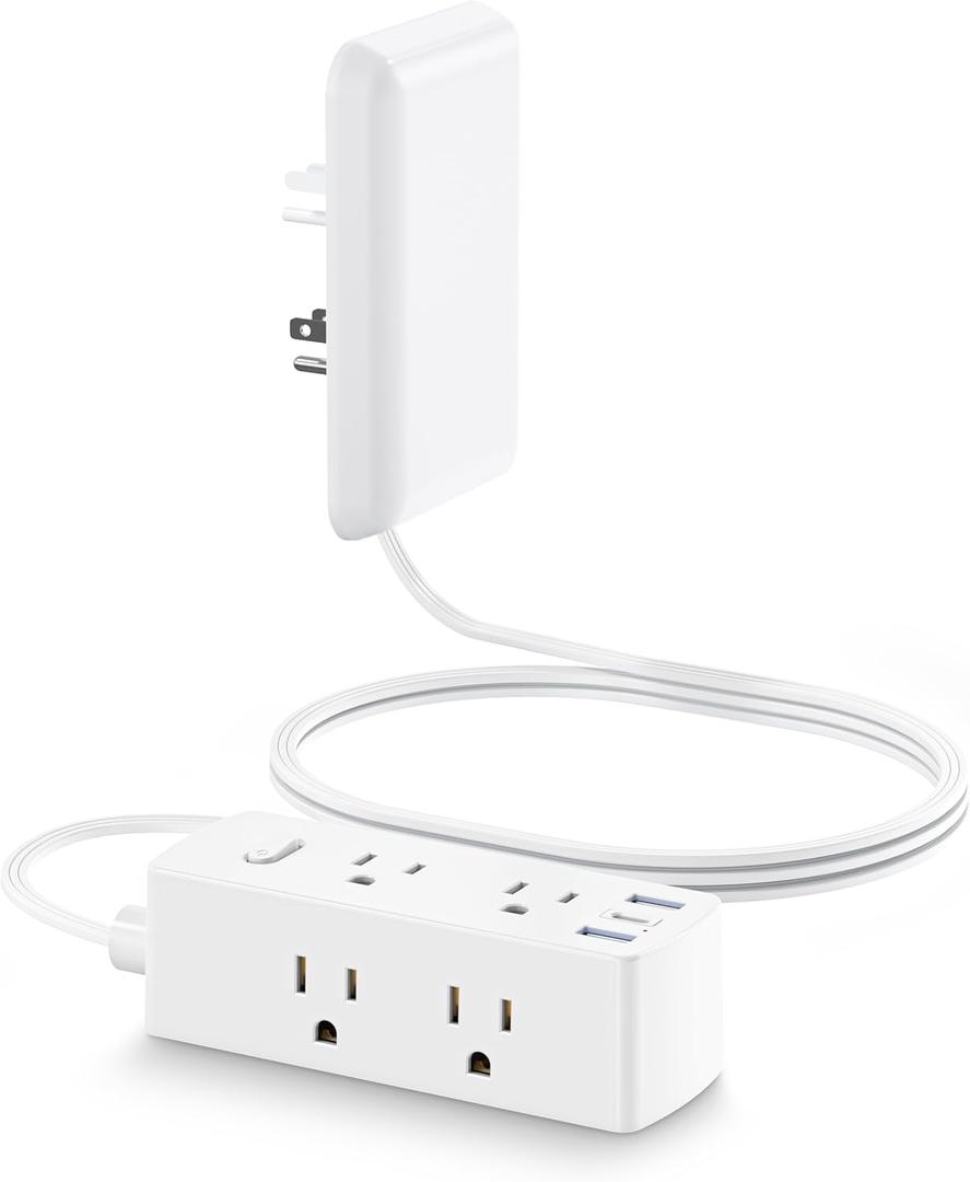 Flat Extension Cord with Outlet Cover, Flat Plug Power Strip with 6 Outlets and 3 USB Ports, 2000 Joules Surge Protector, 5 FT Cord Hidden Outlet Extender for Tight Spaces, White
