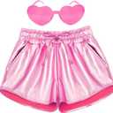Girls Metallic Shorts Shiny Hot Pants for Dance Gymnastics Sparkly Shorts with Sunglasses (Medium, Pink)