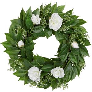 18 Inch Artificial Camellia Wreath for Front Door Spring Summer Door Wreaths Floral Wreath for Farmhouse Wedding Wall Mantel Porch Window All Season Indoor Outdoor Home Decor