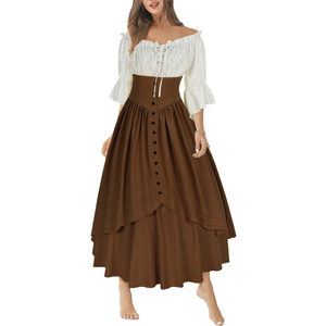 Mingyuezai Women Renaissance Costume Medieval Victorian High Waisted Button Skirt Set, Small