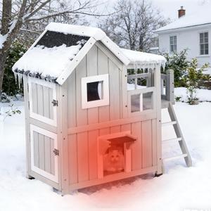 36.64L Outdoor Cat House with Weatherproof Roof, 2 Story Wooden Shelter with Balcony & Ladder,Wild Cat Shelter with 2 Escape Door 2 Lockable Rest Rooms, Large Outside Enclosures for Stray Cat