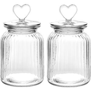 WHJY Set of 2 Airtight Glass Jars Decorative Jars, 32oz Jar of Hearts Cute Cookie Jar Decorative Jars with Lids Candy Jars for Candy Buffet Heart Shaped Lid - Stripes Textured