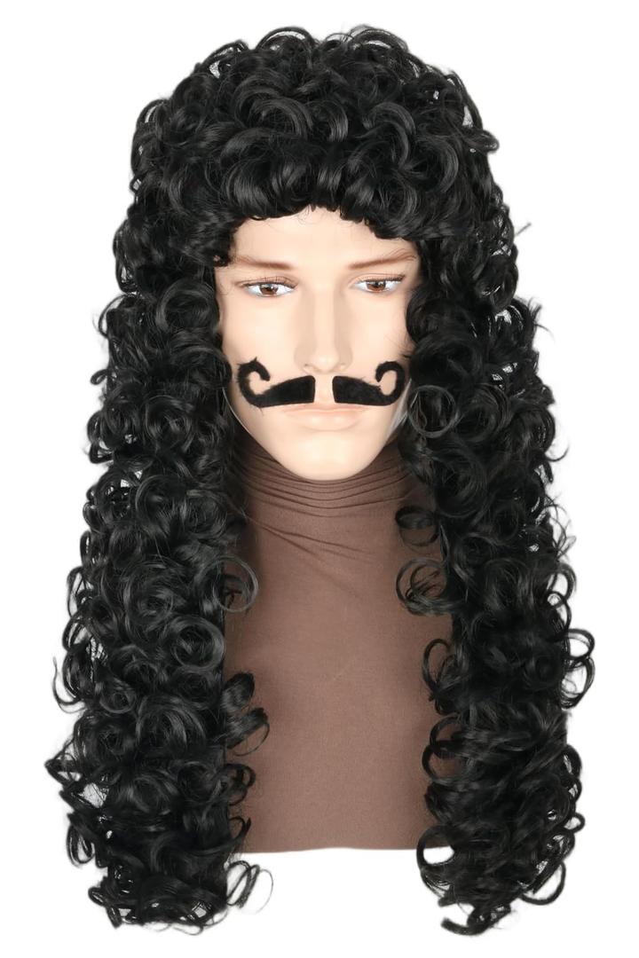 Pirate Captain Wigs for Men Black Long Curly Wave Pirate Costume Wig Halloween Theme Party Wig
