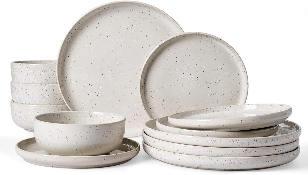 Famiware Meteor Plates and Bowls Sets for 4, 12 Pieces Dinnerware Sets, Microwave and Dishwasher Safe Dishes Set, Creamy White