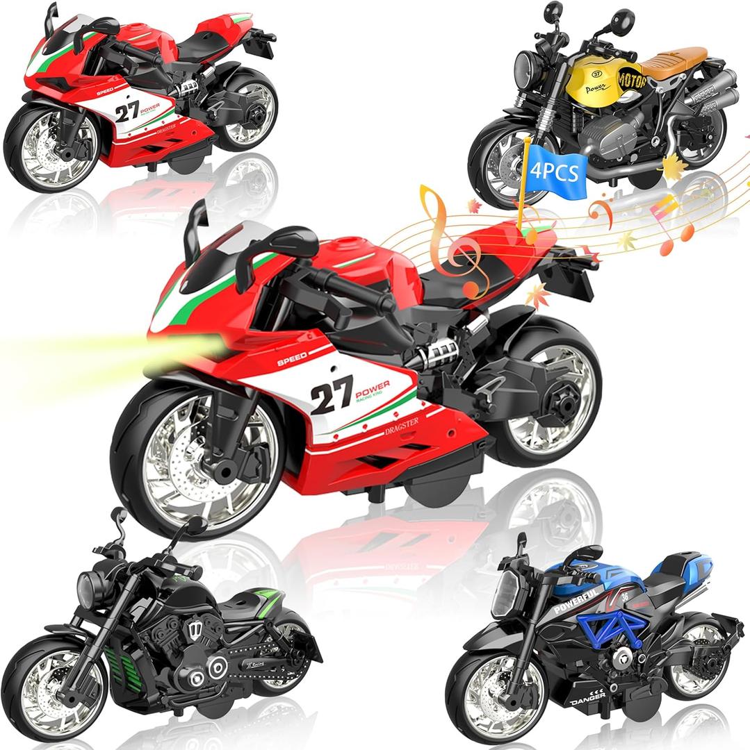 4-Pack Pull-Back Motorcycles with Lights & Sounds | Durable Metal/Plastic Toy Bikes for Ages 3+ | Motorcycle Collection Gift Set