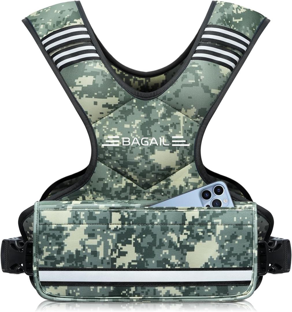 BAGAIL Adjustable Weighted Vest, 4-10lb/12-18lb/20-32lb Rucking Vest for Women & Men with 6 Weights & Large Pocket, Weight Vest for Home Workouts, Running, Walking and Strength Training (Green Camo)