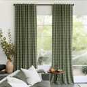RYB HOME Moss Green Plaid Curtains for Living Room Dining Room, Linen Blend Light Filtering Semi-Sheer Privacy Farmhouse Checkered Window Treatment for Kitchen Bedroom, W52 x L84 Inch, 2 Panels
