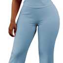 HBQ Women's 2 Piece Outfits Slim Fit V Neck Polo Top Flare Pants Short Sleeve Casual Matching Set-Blue-L
