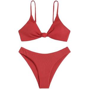 ZAFUL Women's Tie Knot Front Spaghetti Strap High Cut Bikini Set Swimsuit L
