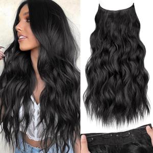 KooKaStyle Invisible Wire Hair Extensions with Transparent Headband Adjustable Size 4 Secure Clips Black Long Wavy Hairpiece 20 Inch for Women