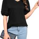 LA BAIESO Puff Sleeve Tops for Women V Neck T Shirts Casual Going Out Summer Tops Puffy Sleeves Blouse Loose Fit Tunic Tops Black Size large