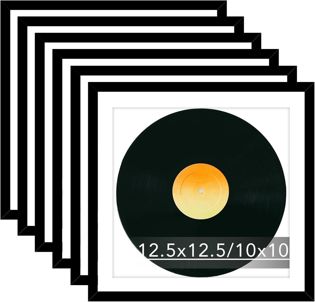 6 Pack 12.5x12.5 Record Frame with 10x10 Mat for Vinyl Record Album Cover Poster, Display Picture 10x10 with Mat or 12.5 x 12.5 Without Mat, Wall Hanging Vinyl Frames, 6 Pack, Black