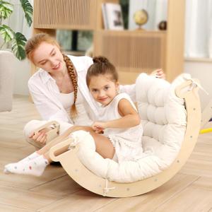 2 in 1 Montessori Climbing Arch for Toddlers,Rainbow Wooden Climbing Arch Rocker& Cushion,Pillow for ArchesClimbing Triangle Ramp,Montessori Climbing Gym for Kids 0-8