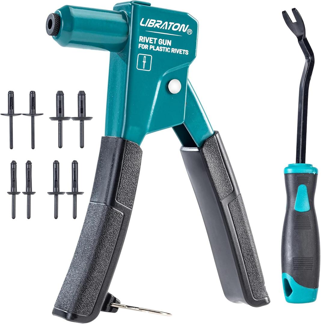 LIBRATON Plastic Rivet Gun Kit, 90 Degree Angle Hand Riveter with 40 Nylon Rivets (4 Sizes), Universal Nosepiece for Automotive/Electronics, Ergonomic & 50% Lighter Force