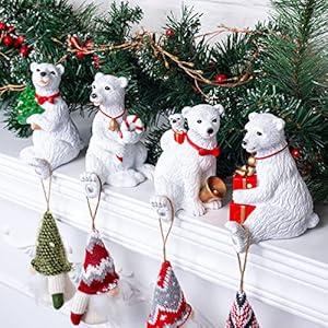 Minetom Christmas 3D Family Polar Bear Stocking Holders Set of 4, Joyful Polar Bear Stocking Hangers for Mantel, Non-Slip Resin Decorative Fireplace Stocking Hook Set for Home Holiday Indoor, White