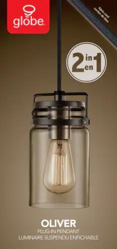 Oliver 1-Light Plug-In or Hardwire Pendant Lighting - Dark Bronze With Antique Brass Socket