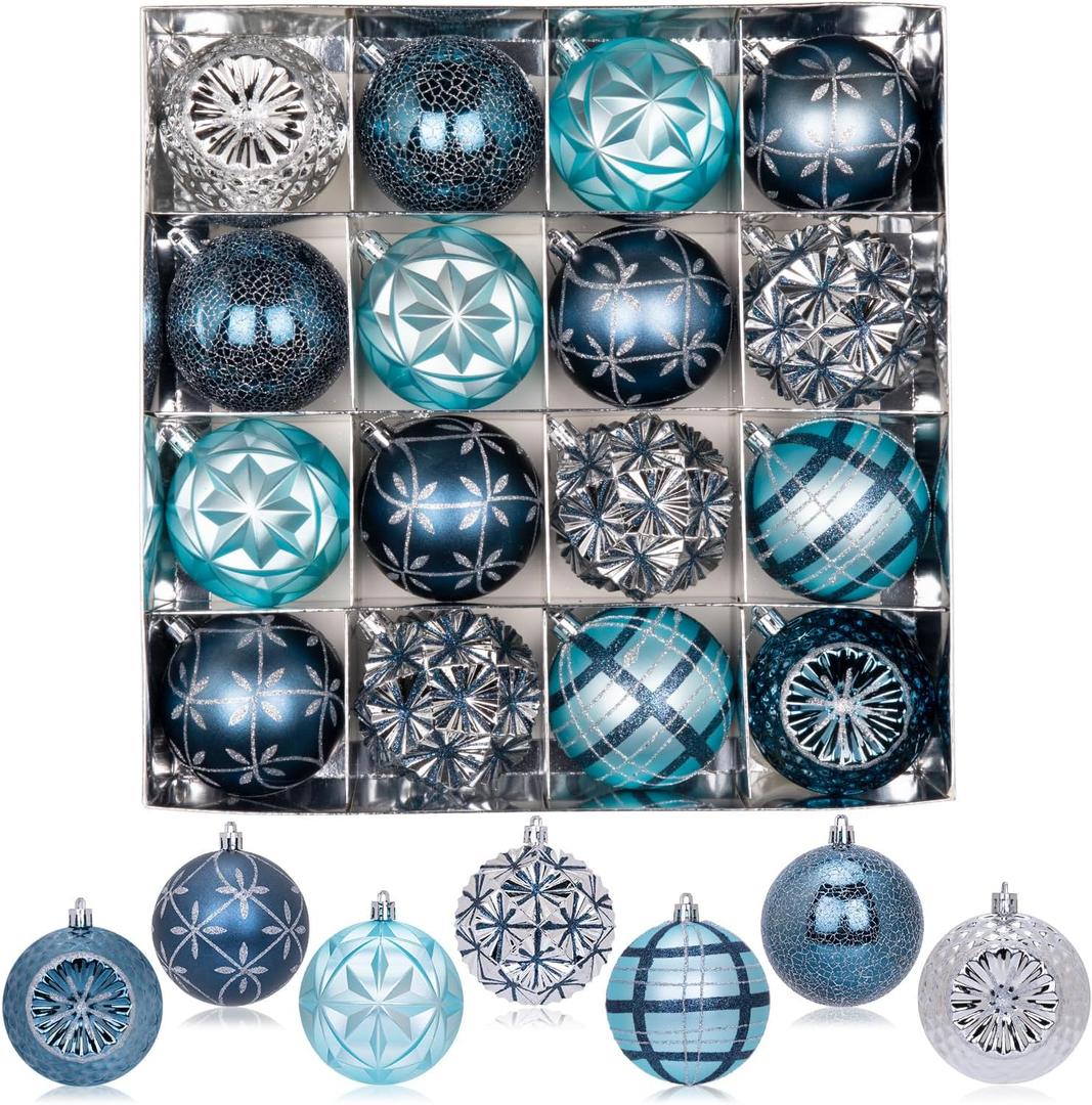 3.15" Blue Silver Christmas Ball Ornaments Set, 16ct Luxury Hand-Painted Shatterproof Large Hanging Bulbs, Bulk for Xmas Tree Wreath Holiday Decoration