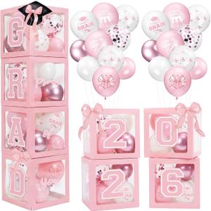 Eaasty Pink Bow Graduation Decorations Class of 2026, 4 Balloons Box and 60 Balloons with Letters 2026 Grad So Proud of You, 2026 Graduation Party Supplies for Middle High School College