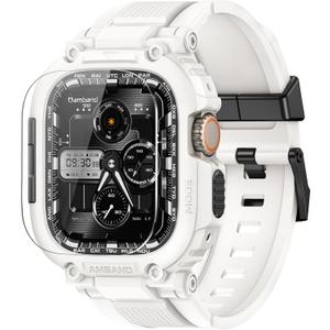 amBand Bands Case Screen Protector Compatible with Apple Watch Ultra 3/2/1 49mm, M1 Sport Series Rugged Cover Strap and 9H Tempered Glass Film, Protective Bumper for iWatch 49 mm Men White